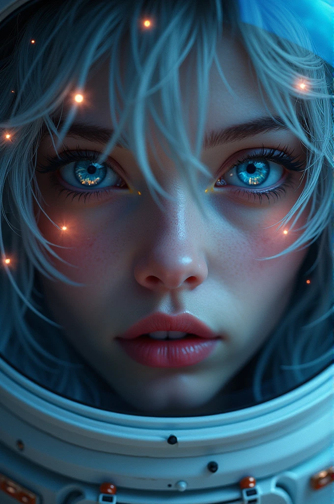 (Close-up of a better masterpiece:1.5)0.9], (Space and astronauts:1.2) (Messy silver hair:1.1) (Heterochromia xanthochromia and blue eyes:1.2) (Space Helmet:1.0) (Colored stars in the eyes:1.0) (A radiant glow:1.1) (thick lips:0.9)