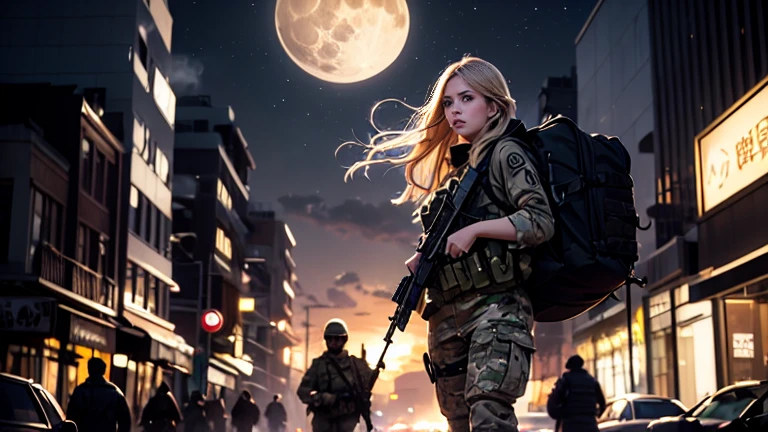 Listener-realistic、Realistic skin texture、realistic automatic rifle、High resolution、High resolution、Arabian woman in camouflage uniform、1 very beautiful female soldier、Blonde medium-long hair、Shouting with their mouth wide open、Carrying a military backpack、Has an M16A4 rifle、Wear a bulletproof vest、In the background is a burning building、smoky battlefield、The background is the night sky、There is a huge full moon in the center of the sky、A woman is being chased by many living dead.、The person is a full-body angle、Walking towards here、Observe the audience、is watching、
