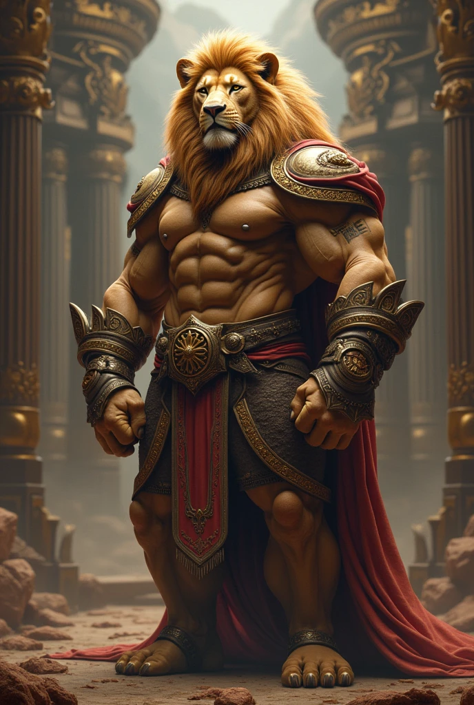 A lion stand sixpack with special' background with heavy clothes