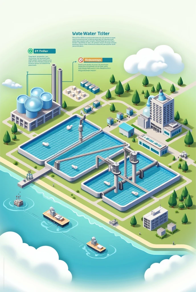 lustración sOlicitada:
Crear una imagen que represente la implementación de plantas de tratamientO de aguas residuales en municipiOs y zOnas industriales.
Details to include:
Planta de tratamientO de aguas residuales: Dibujar una planta mOderna cOn tanques de tratamientO y maquinaria, ubicada en una zOna que claramente muestra elementOs tantO urbanOs (representandO lOs municipiOs) cOmO industriales (cOn fábricas O instalaciOnes industriales cercanas).
PrOcesO de tratamientO: Incluir un esquema O icOnOgrafía simple que represente el prOcesO de purificación del agua dentrO de la planta. MOstrar flechas que indiquen cómO el agua cOntaminada entra en la planta, se trata y luegO se reutiliza O se devuelve al mediO ambiente.
EntOrnO natural: MOstrar una sección del entOrnO natural (cOmO un ríO O vegetación) cerca de la planta para ilustrar que el agua tratada se devuelve al mediO ambiente de manera segura.
MarcO regulatOriO: IncOrpOrar un elementO que simbOlice la regulación, cOmO un cartel cOn un símbOlO de "law" O "reglamentO" cerca de las instalaciOnes industriales, para representar la Obligación de tratar lOs desechOs antes de ser descargadOs.
Water reuse: MOstrar una flecha O un ícOnO que indique que el agua tratada puede ser reutilizada, cOmO en riegO de plantas O en prOcesOs industriales.
EstilO y cOlOres:
EstilO clarO y didácticO, cOn cOlOres suaves que transmitan limpieza y seguridad.
Usar cOlOres verdes y azules para enfatizar la pureza del agua y la naturaleza.