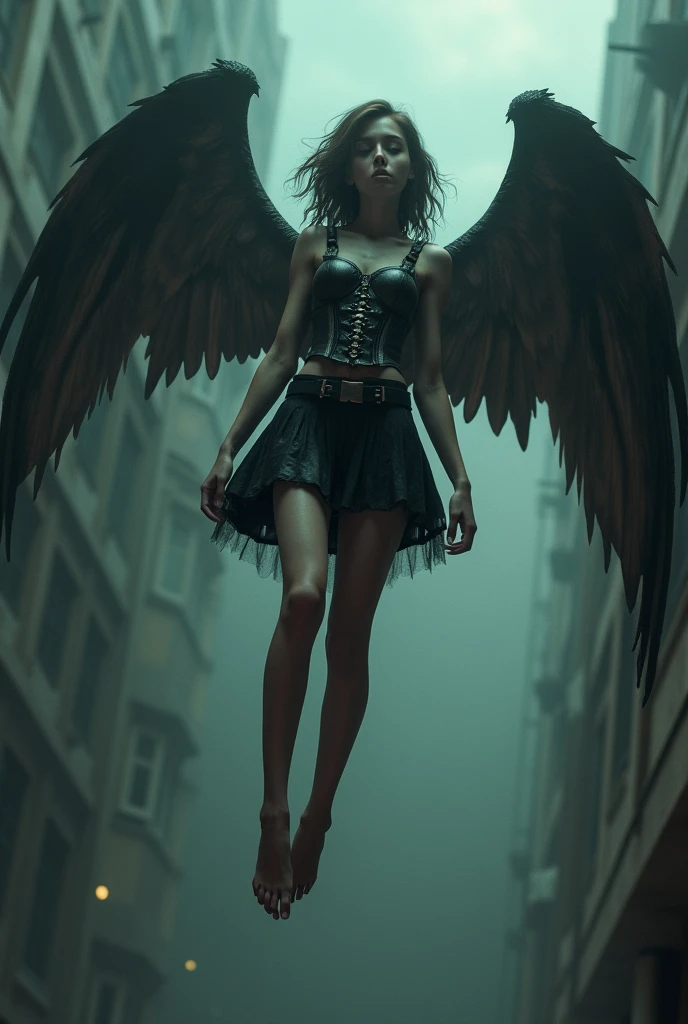 A girl in the image of a fallen angel with bone wings and a bone corset, black leather skirt, flying in the air overhead, legs open, a view up her skirt of tight panties, dark demonic terrifying, many details, gloomy atmosphere, extremely detailed, 8k, hyperdetailed, masterpiece