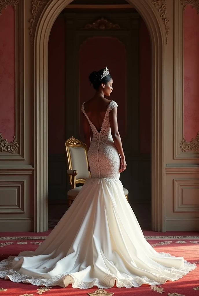 With only decorated empty chair in a nice interior room Generate an image of a nice curvy black bride in a white grown entering the room