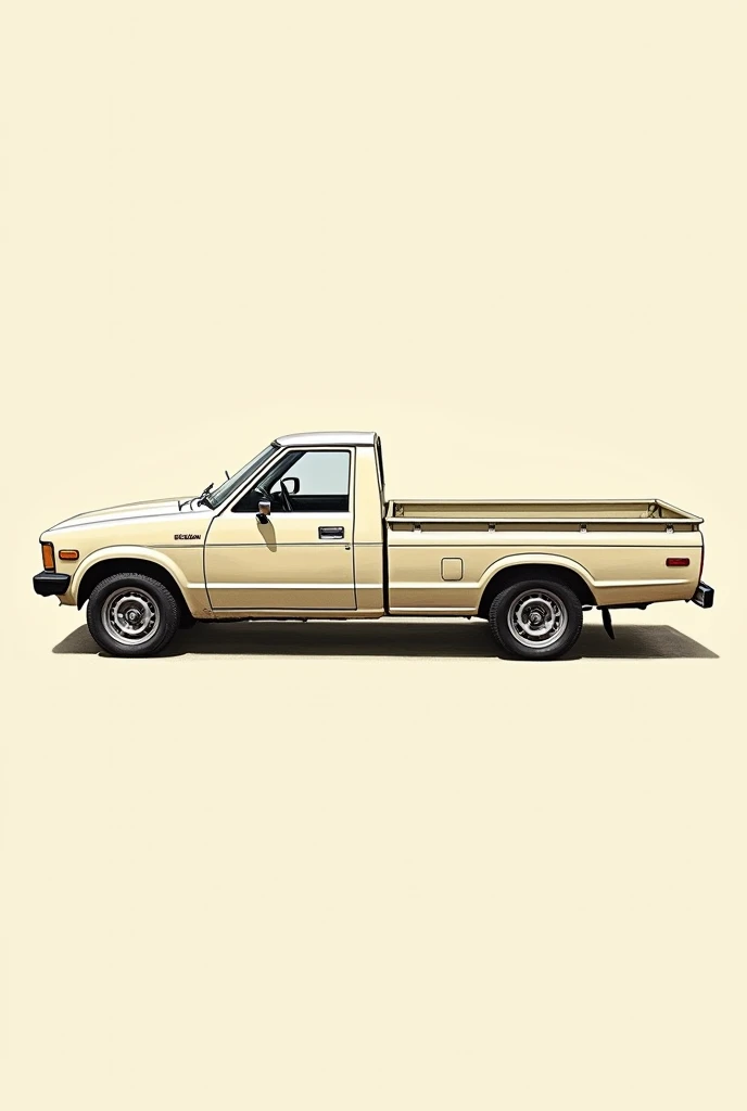 drawing of a 1984 cream-colored Nissan Datsun pick up truck from the side