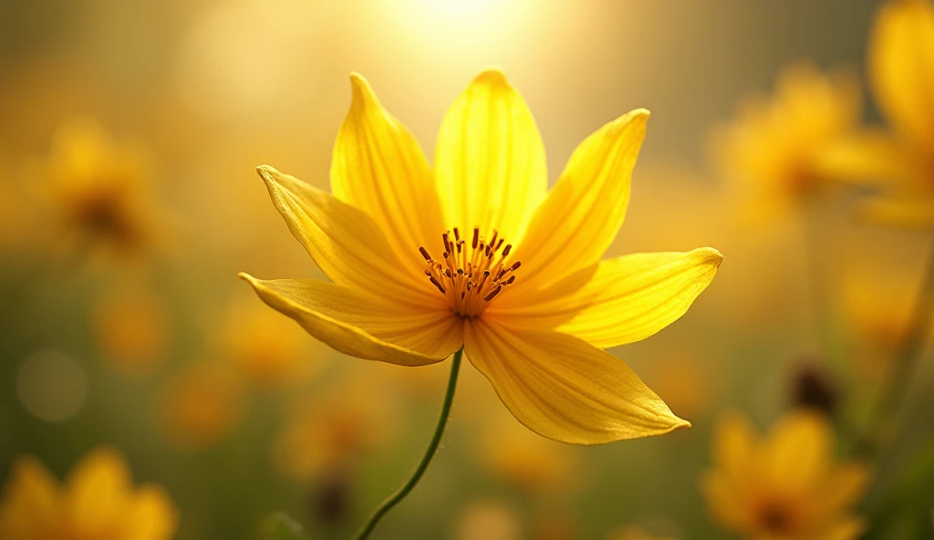 "An enchanting yellow flower, rendered in vivid detail using Unreal Engine 5. Captured in a cinematic composition from a low angle, showcasing the graceful motion blur and mesmerizing depth of field."
