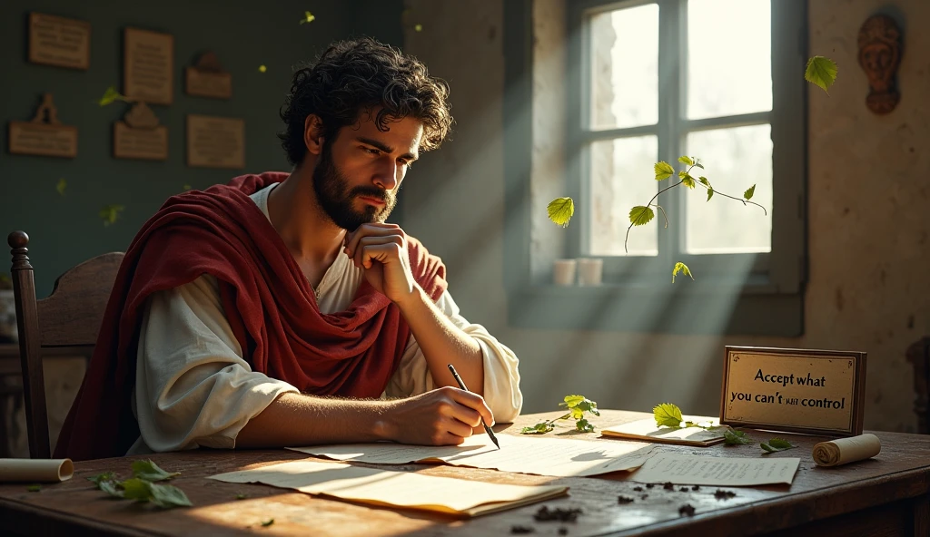 Marcus Aurelius sitting at a desk or writing on a scroll, with a small wind stirring papers or leaves around it, but he remains calm, immutable. There may be a sign or visual that says: "Accept what you can&#39;t control".