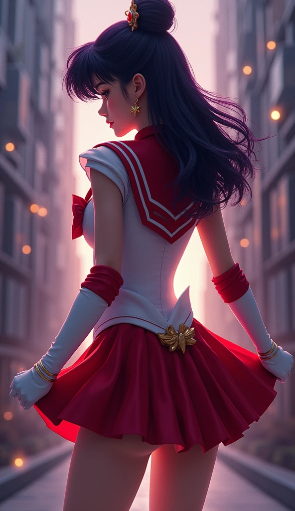 (rear view, backside view), Sailor Mars in a sexy outfit standing in front of a city,(skirt lifted by itself: 1.4 ), (skirt lift: 1.4 ), (showing white panties encaje : 1.4 ), Her hair is dark purple, Her tiara is V-shaped with a red jewel. Her earrings are 6-pointed stars, His sailor collar is red with 3 white lines, Her brooch is red, His front brooch is purple and his shirt is white with white shoulder pads with a white line at the waist.. In the middle there is a red jewel with gold edges., His gloves are below his elbows and his color is white with the top part red., Her skirt and back bow are red, seductive anime girl, extremely detailed Artgerm, Ilya Kuvshinov. 4 k, style artgerm, Marin Kitagawa Fanart, Ilya Kuvshinov and artgerm, made with painter studio, beautiful alluring woman, sakimichan frank franzzeta, high quality, (raw photo, best quality), (realistic, Photorealistic: 1.4), (extremely delicate and Beautiful: 1.4), Amazing, fine details, masterpiece, Ultra detailed, high resolution, best illustration, best shadow, intricate, ( extremely intricate: 1.2), (exquisitely detailed skin), cinematic light, Perfect anatomy, (cool color: 1.4), Sharp focus, 8K UHD, DSLR, (Fujifilm XT3),(Sailor Mars:1.4),( sailor moon Mars:1.4), (skirt lifted by itself: 1.1), (skirt lift: 1.3), (showing blue panties encaje : 1.3),( cinematic lighting :1.4),( She has a beautiful ass :1.4), (background cave cavern large stones :1.4),( She has a beautiful pear-shaped ass :1.4), (skirt lifted showing panties :1.4), (camera focused from below :1.4), (score_9, score_8_up, score_7_up, score_6_up) ,