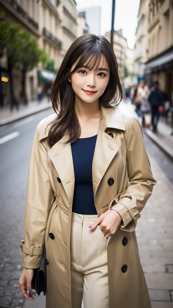 Border Top+trench coat+Cropped pants with a classic Border Top、Put on a trench coat、Enhance your style with cropped pants that show off your ankles。The standard colors for trench coats are beige and khaki.、For your feet, Wearing ballerina shoes or loafers、Create effortless Parisian elegance。.(32hair,High resolution,Attention to detail,High resolution,high density,alone,In addition:1.3),(A realistic person々,Live Action,fine grain,High resolutionの目,Beautiful Eyes,Eyes that look alive,Beautiful dark blue eyes,Fishing eyes,Detailed lips,Translucent white skin,Realistic face in every detail:1.3),(Japanese Ido,hairorean Idols,Japanese Model,hairorean models,hairorean hair-Pop Female Idols:1.2),(Shapely breasts:1.5),(Young but very beautiful hairorean1 smile,Looking into the camera,Fashion Leader,Fashion Model,Soft Skin,Unforgettable Eyes,Her eyes are so beautiful,I want to go to the Paris Collection.........,Cutting-edge fashion:1.6),(Please show me your whole body,Showing off full-body fashion,Stylish blue eyes、1.7)smile