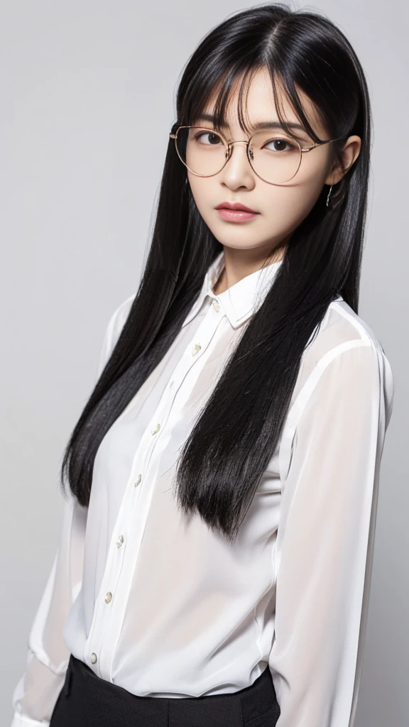 (Highest quality:1.5), (Real:1.4), (Ultra high definition:1.4), (No correction:1.4), (skinny Japanese woman with average size breasts standing front plain background in studio), (A woman wearing black-rimmed glasses), (Very small eyes), (breasts of average size), (Average height), (Bangs that hide eyebrows), (Long black hair), (Dark personality expression), (White long sleeve blouse), (Black slacks), (black hair woman is standing with white blouse and black slacks front plain background in studio), (woman viewed from the front), (Plain background), (Cowboy Shot), (Cold expression), (upright), (A woman with long black hair and glasses), (Bangs that cover the eyebrows), (Sharp and tiny eyes)