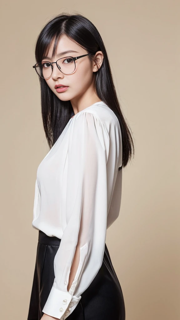 (Highest quality:1.5), (Real:1.4), (Ultra high definition:1.4), (No correction:1.4), (skinny Japanese woman with average size breasts standing front plain background in studio), (A woman wearing black-rimmed glasses), (Very small eyes), (breasts of average size), (Average height), (Bangs that hide eyebrows), (Long black hair), (Dark personality expression), (White long sleeve blouse), (Black slacks), (black hair woman is standing with white blouse and black slacks front plain background in studio), (woman viewed from the front), (Plain background), (Cowboy Shot), (Cold expression), (upright), (A woman with long black hair and glasses), (Bangs that cover the eyebrows), (Sharp and tiny eyes)