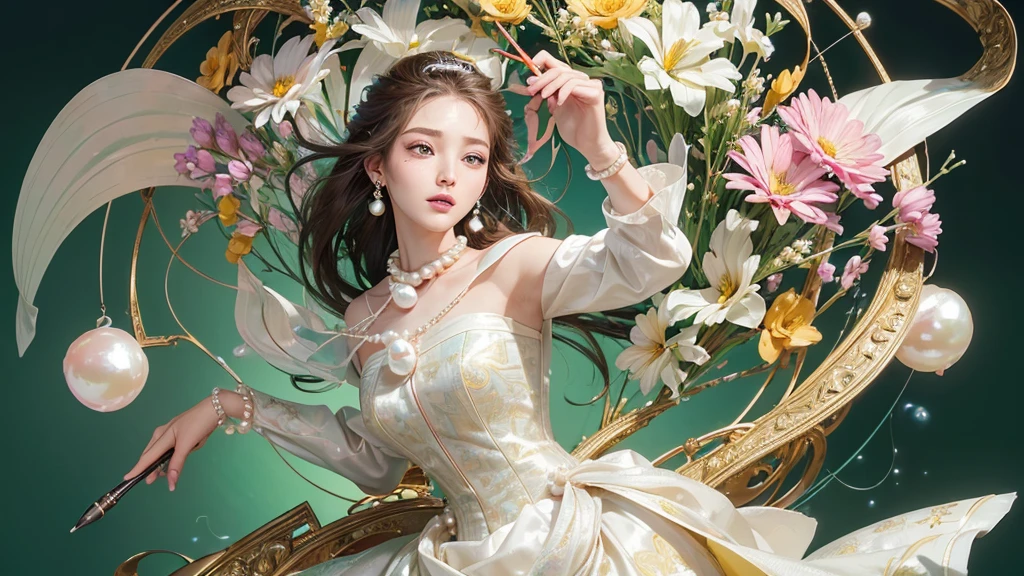 32K, 最高quality, 最高masterpiece, (ultra-Detailed Background, Detailed Background), High resolution, Super detailed, Very detailedな, 1 personの, (bouquet:1.3), (Tangled:1.2), (Geometric:1.2),(colorful),(masterpiece, quality, best quality, Official Art, Beautiful and beautiful:1.2), (1 person:1.3), Very detailed,(colorful:1.1)(Flowers:1.3),Most detailed,(Tangled:1.2), whole body, (Abstract background:1.3), (Skin glows), (Many colors:1.4), ,(Earrings Pearl:1.5), Pale yellow-green background, It's imaginative., Brunette Hair, Updo, Holding a book, Holding a pen, Satin shirt