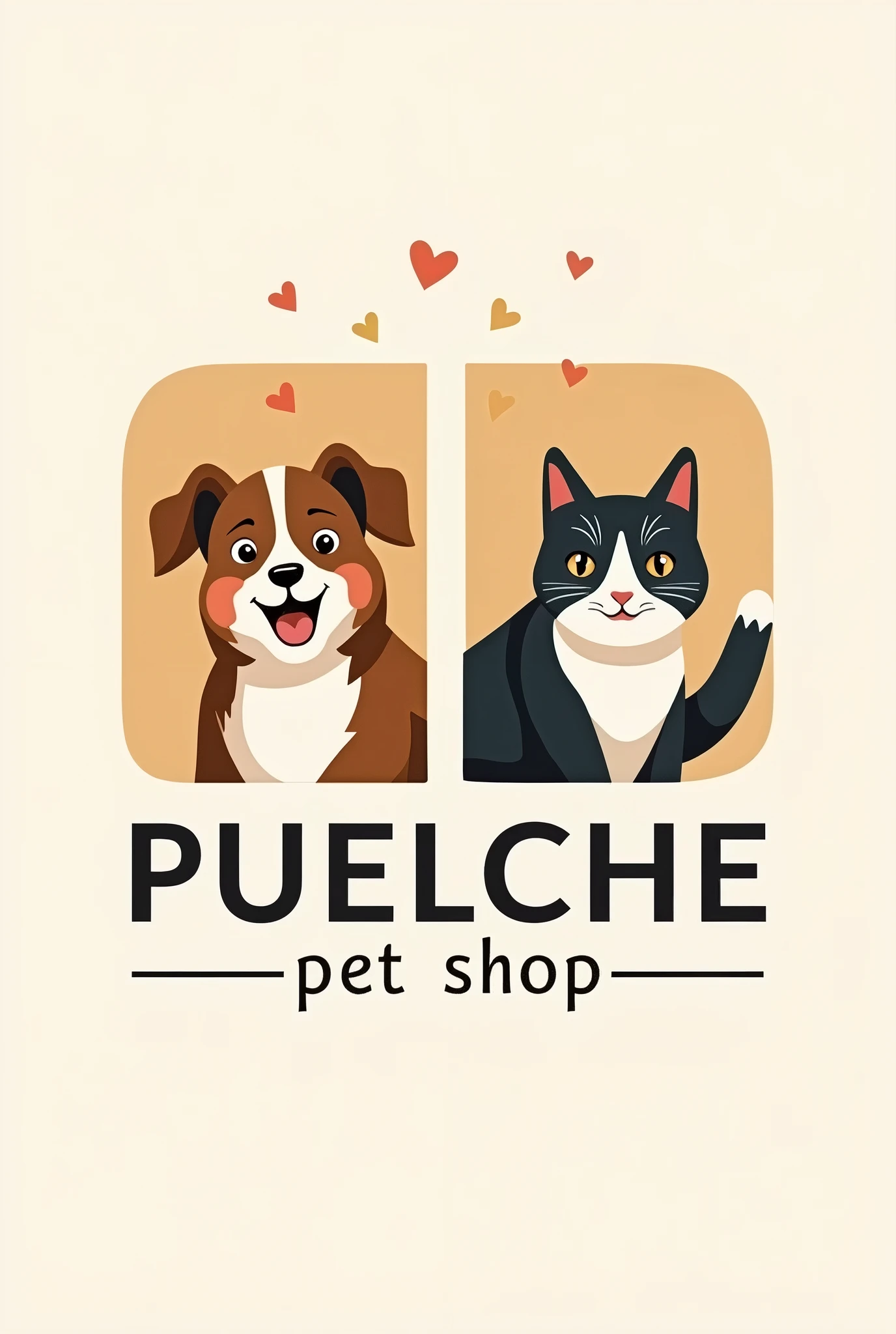 You are a graphic designer with a lot of experience in creating logos. Today you have to create a logo for a pet food store. The requirements are the following:
- The logo must be rectangular and have a horizontal orientation and must consider two quadrants
- The first quadrant has a photo of a friendly and happy dog ​​and cat
- The second quadrant has the name of the store "Puelche Pet Shop"
- Colors and fonts should be elegant - modern - eye-catching and friendly
- The two quadrants together make up the logo and must be in harmony with each other in colors and everything related, they must homogeneously form the complete logo
- The distribution of the logo is 30% for the first quadrant and 70% for the second quadrant
- The size of the logo must be 250 x 100 pixels