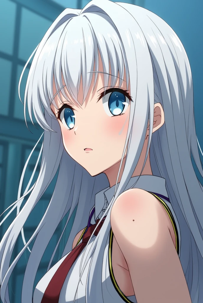 Screenshot of my Hero Academia. Brunette woman with long white hair with bangs, light blue eyes, medium full nude lips, long eyelashes, mole on the left side next to the lip, cute and attractive, view from below, side pose, with joining the U.A from My Hero Academy