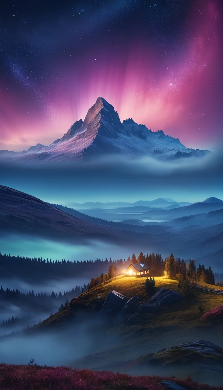 a beautiful starry night sky,glowing stars,detailed galaxy,ethereal atmosphere,cinematic composition,mist and fog,dramatic lighting,vibrant colors,serene landscape,detailed mountain silhouettes,ultra-detailed,4k,8k,highres,masterpiece:1.2,realistic,photorealistic:1.37,cinematic lighting,dramatic contrast,moody tones,glowing moon,aurora borealis