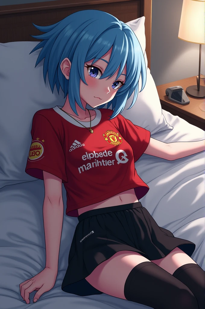 Trunks femboy, blue hair, short, Dragon Ball, With Manchester United shirt, Black and white skirt, Black and white stockings, Lying in bed Tired and with a rattlesnake necklace as a submissive