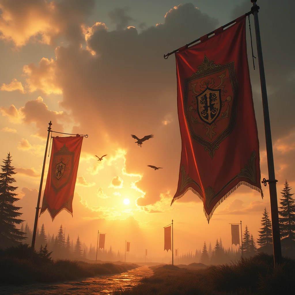 /imagine the low angle shot of realistic intricately detailed medieval fantasy banners/flags that are raised high in the air waving in the wind in a realistic intricately detailed beautifully sunlit sunset clouds featuring a flight of giant realistic intricately detailed black wyverns with enormous wingspans flying high in the distant sky background : cinematic lighting, dynamic lighting blends seamlessly with natural light, ultra HD resolution, photography, photorealistic quality, high details, golden yellow monochromatic atmospheric color grading, extreme atmospheric haze/fog, foggy ambience/atmosphere, realistic movie scene.