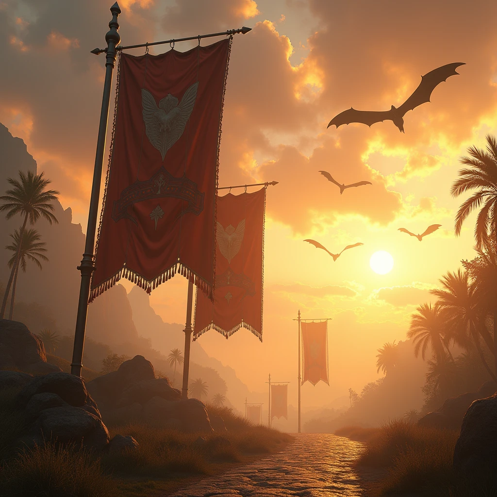 /imagine the low angle shot of realistic intricately detailed medieval fantasy banners/flags that are raised high in the air waving in the wind in a realistic intricately detailed beautifully sunlit sunset clouds featuring a flight of giant realistic intricately detailed black wyverns with enormous wingspans flying high in the distant sky background : cinematic lighting, dynamic lighting blends seamlessly with natural light, ultra HD resolution, photography, photorealistic quality, high details, golden yellow monochromatic atmospheric color grading, extreme atmospheric haze/fog, foggy ambience/atmosphere, realistic movie scene.