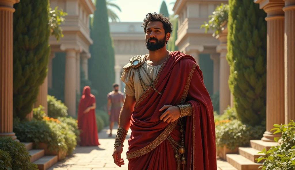 Marcus Aurelius walking through the palace gardens or along a Roman path, with a relaxed but energetic expression. Maybe you&#39;re greeting a Roman citizen or just enjoying the outdoors.. A background full of vegetation and Roman columns would help to set the mood of the image..