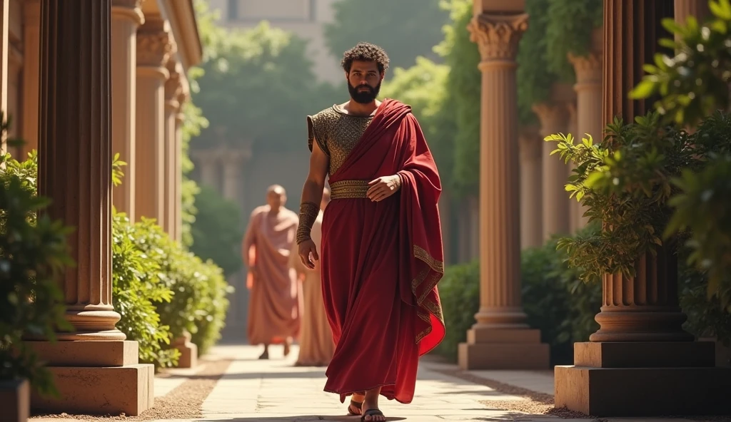 Marcus Aurelius walking through the palace gardens or along a Roman path, with a relaxed but energetic expression. Maybe you're greeting a Roman citizen or just enjoying the outdoors.. A background full of vegetation and Roman columns would help to set the mood of the image..
