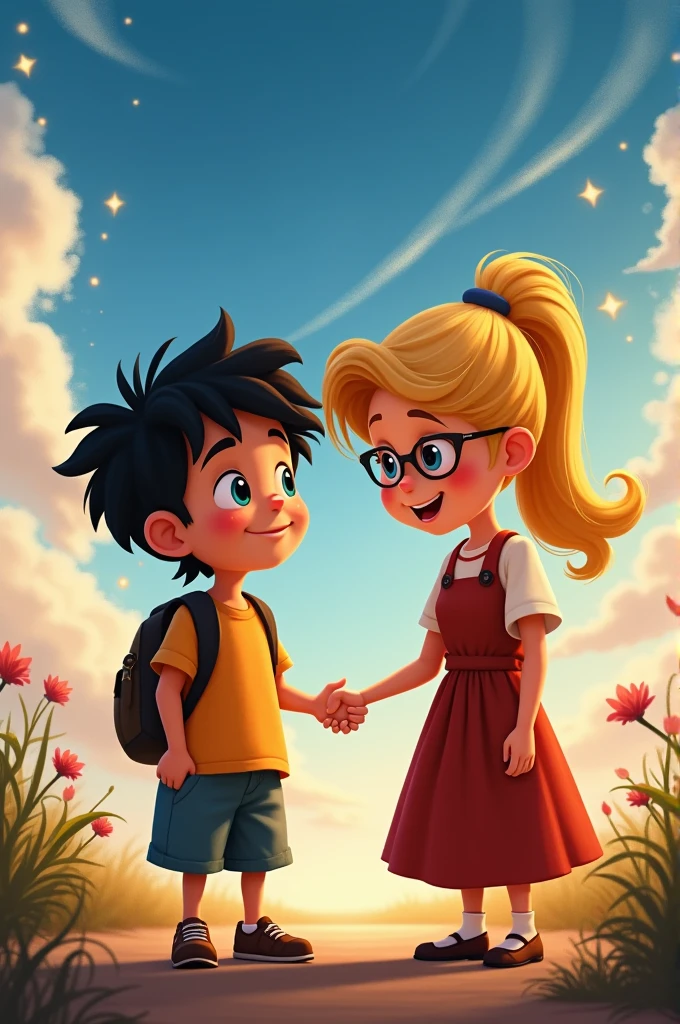 Generate an advertising poster for a Disney-type movie where the title says "maicol" And below is a black-haired boy and next to him a blonde teacher with glasses 