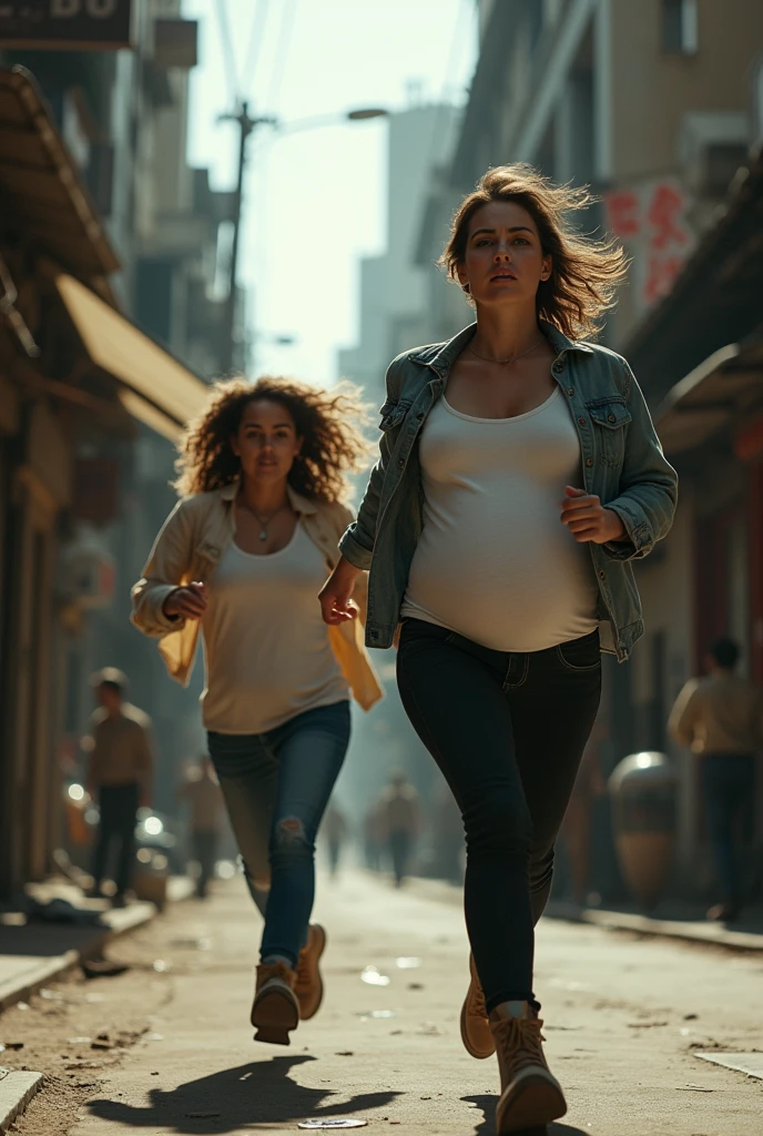 Young man running away while chase by a pregnant woman