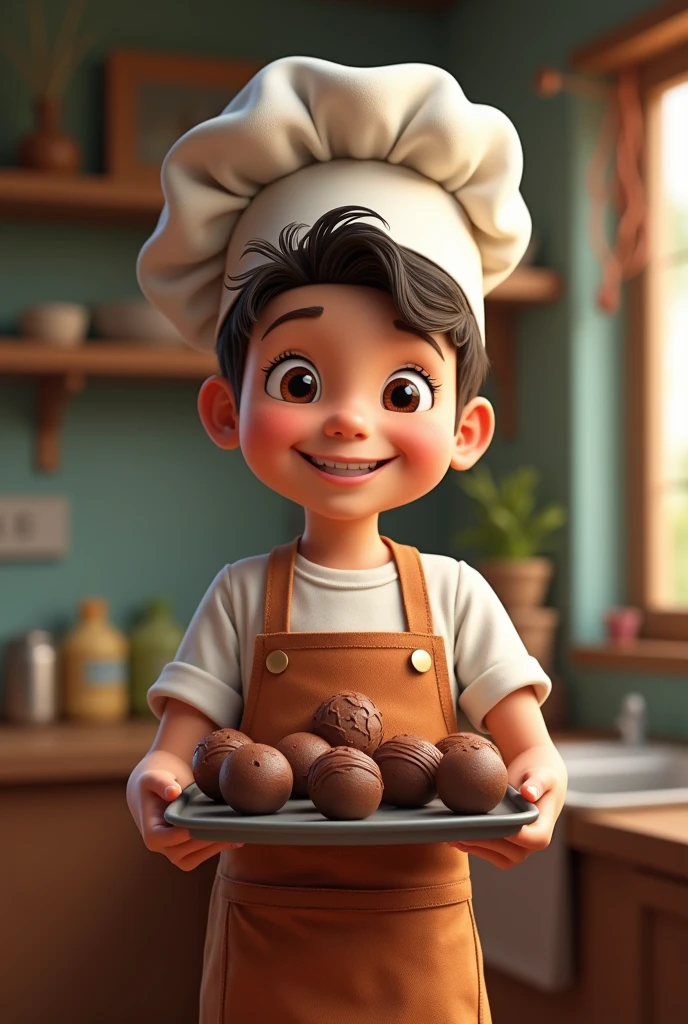 Make a boy holding a tray of brigadeiros with an apron and a pastry hat