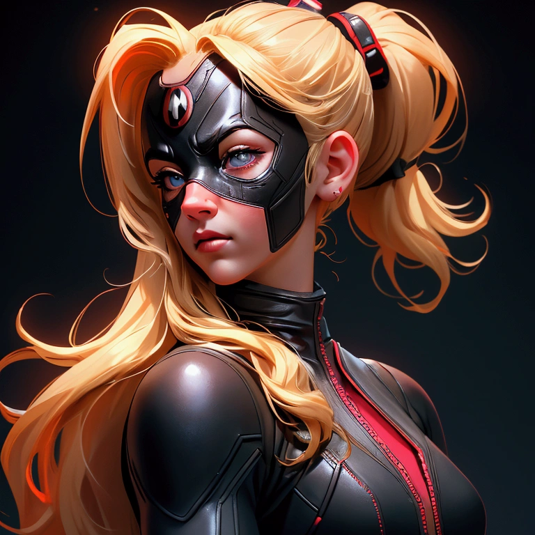 envision a 8k, highres, cinematic, close up portrait of an American girl with long blonde hair in a ponytail in a deadpool suit with katanas against a dark gray background