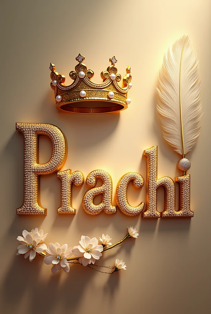 "Prachi" written with capital letter P written in large, ornate gold letters encrusted with diamonds. Above the text, there is a gold crown adorned with pearls, adding to the luxurious feel of the design. To the right of the crown, a large feather, likely a quill, extends elegantly, further enhancing the regal theme. The background is a soft gradient, creating a warm and glowing effect that highlights the gold and diamond details.with small colorful peacock at side of name The overall aesthetic is one of luxury, royalty, and sophistication.