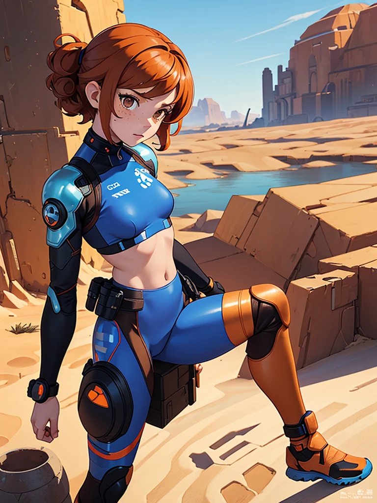 (masterpiece), (best quality), ((one girl)),alone, copper hair,((brown eyes)),short curly hair, anime style, freckles, (small breast) (petite figure), blue,black, orange, white cyberpunk outfit, leggings, knee pads, legs((desert background))