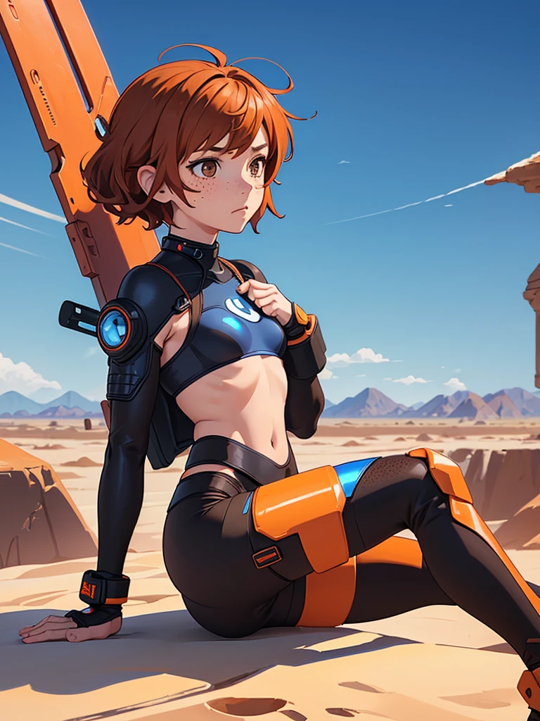 (masterpiece), (best quality), ((one girl)),alone, copper hair,((brown eyes)),short curly hair, anime style, freckles, (small breast) (petite figure), blue,black, orange, white cyberpunk outfit, leggings, knee pads, legs((desert background))