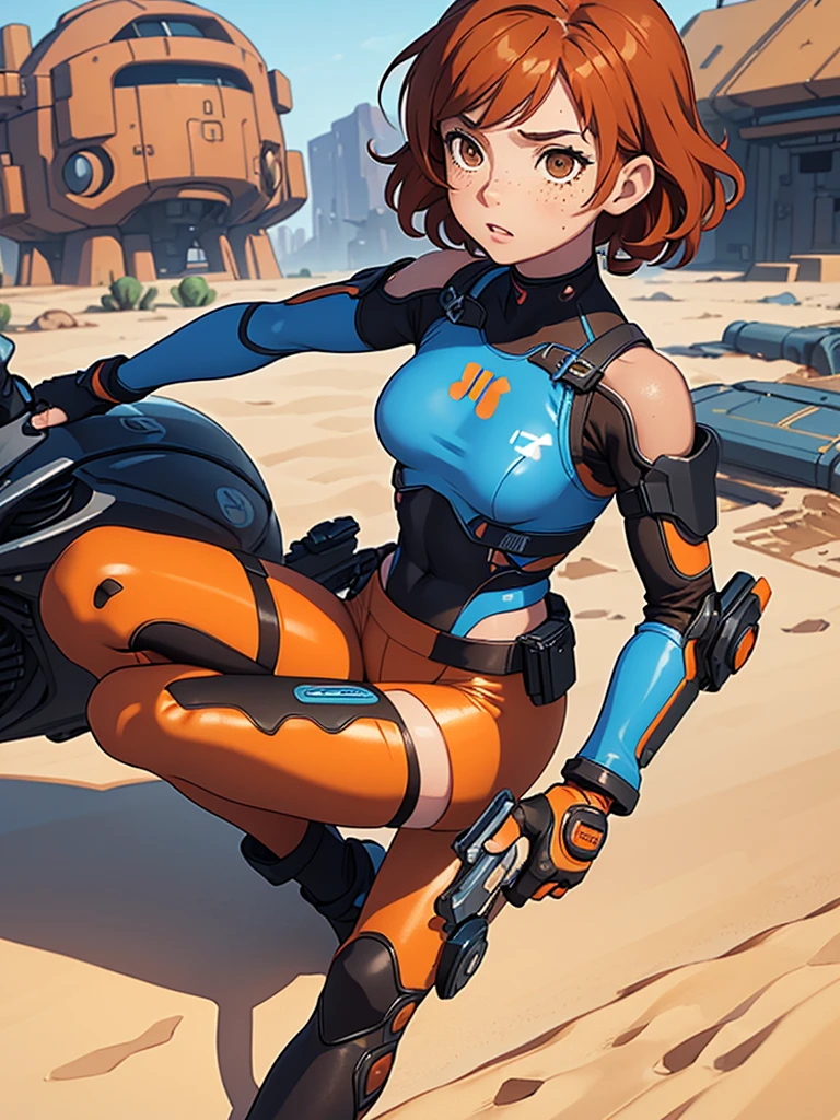 (masterpiece), (best quality), ((one girl)),alone, copper hair,((brown eyes)),short curly hair, anime style, freckles, (small breast) (petite figure), blue,black, orange, white cyberpunk outfit, leggings, knee pads, legs((desert background))