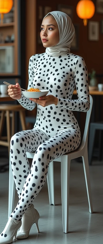 The most beautiful,thin,most pretty and clever Asian muslimah adult girl wears snow leopard lycra turtleneck unitard catsuit covered with spots.She always wear snow leopard print lycra dancewear stretchy square hijab covered with many spots.She is sitting on the plastic chair and eats seafood porridge at the hotel.