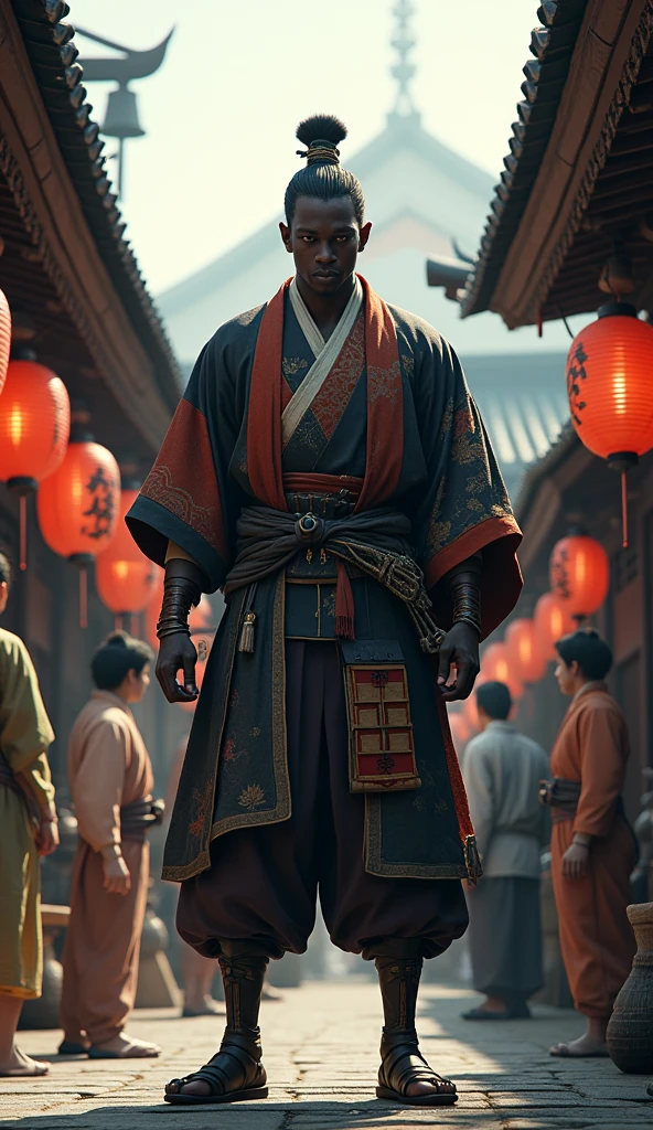 Close-up shot, Low angle shot, (Yasuke, dressed in a mix of his original clothing and newly acquired Japanese garments, towers above the crowd in a busy marketplace. His dark, muscular frame contrasts sharply with the pale, slender figures of the Japanese villagers, who look up at him with a mix of curiosity and fear. Yasuke’s expression is calm and observant, his eyes taking in the vibrant scene around him—colorful stalls selling exotic goods, merchants haggling, and the distant sound of a temple bell. The background is filled with traditional Japanese architecture, with wooden buildings and hanging lanterns casting a warm glow over the scene.) unreal engine, cinematic, hyper-real, highly detailed, Ultra realistic HD --q 2 --v 6.1 --ar 9:16  