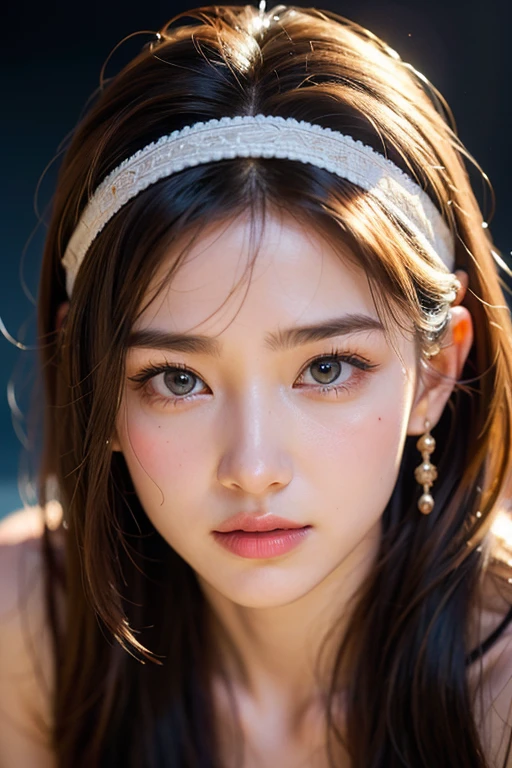 The best qualities of a military woman, masterpiece, Ultra-high resolution, Supermodel, Super beautiful face, pure Body, Clearly visible pores, Big (Smile:0.8), Wear cultural clothing (Lace headband:1.2), (realism:1.5), original photo, Body, Sweating all over, Bare shoulders, in the darkness, Low profile, Cold Light((best quality)), ((masterpiece)), (detailed), Perfect face. Watching the Solar Eclipse