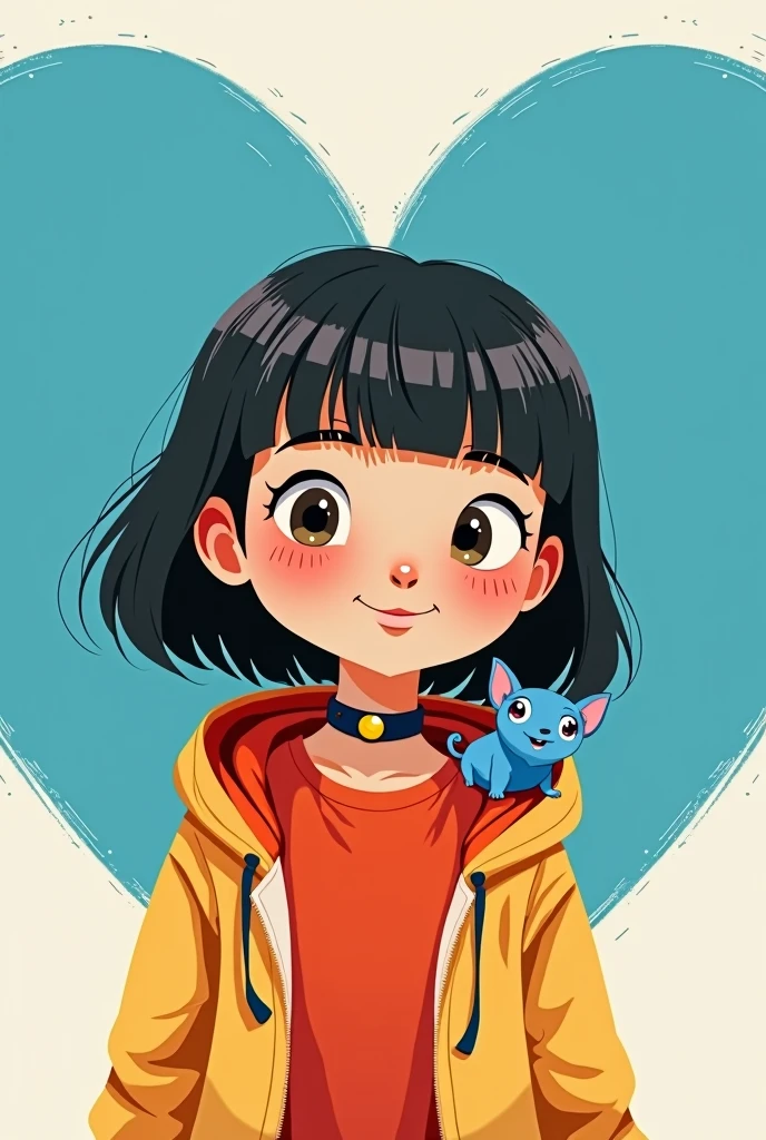 Disney image of a girl with a red t-shirt and hood up , straight hair, large eyes, a corgro collar,small blue azon , bright blue heart background