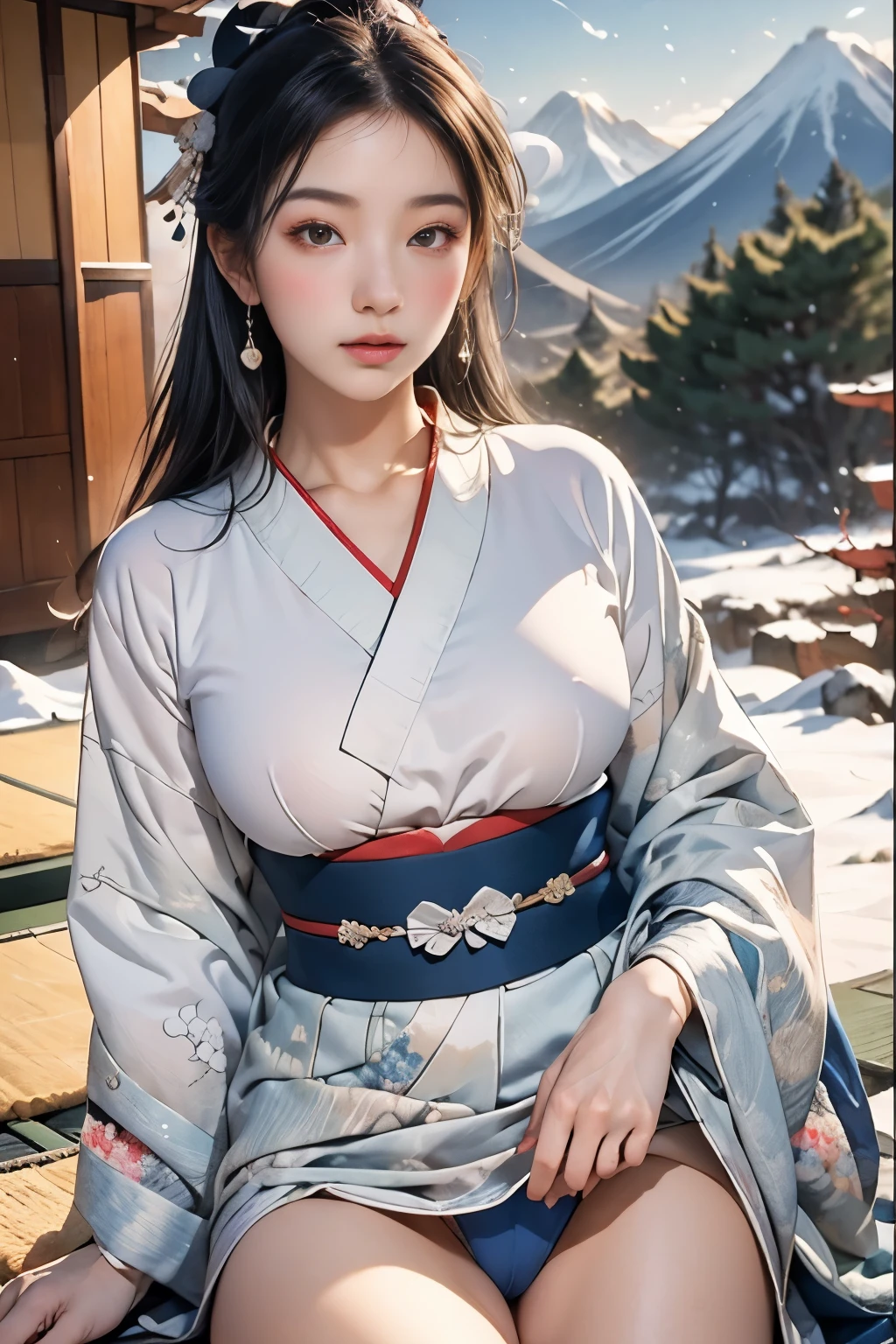 masterpiece、Top quality、realism、Realism、Against the backdrop of the deep blue sky，Beautiful scene of snowy mountains and frosted trees in midwinter、Mist flowing between snowy mountains、Frosted tree々Beautiful long silver haired spiritual woman in pure white Japanese kimono cuddling