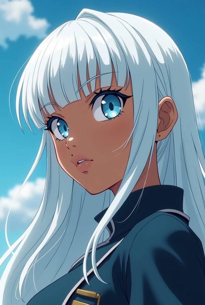 Screenshot of my Hero Academia. Black woman with long white hair with bangs, light blue eyes, medium full nude lips, long eyelashes, mole on the left side next to the lip, cute and attractive, view from below, side pose, with joining the U.A from My Hero Academy