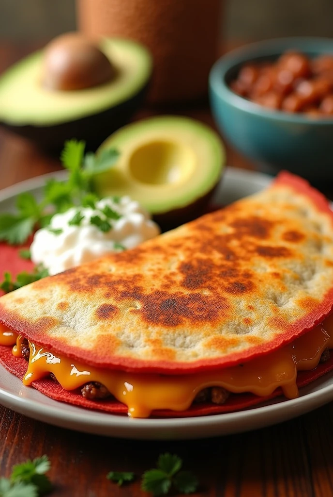 Mexican style quesadilla with red tortilla not burnt red
, that the shape is not like a taco but rather like a flattened quesadilla and that the quesadilla is closed and inside the quesadilla there is a lot of cheese. ,the image is a little animated and put cream and avocado on top and some beans on the same plate