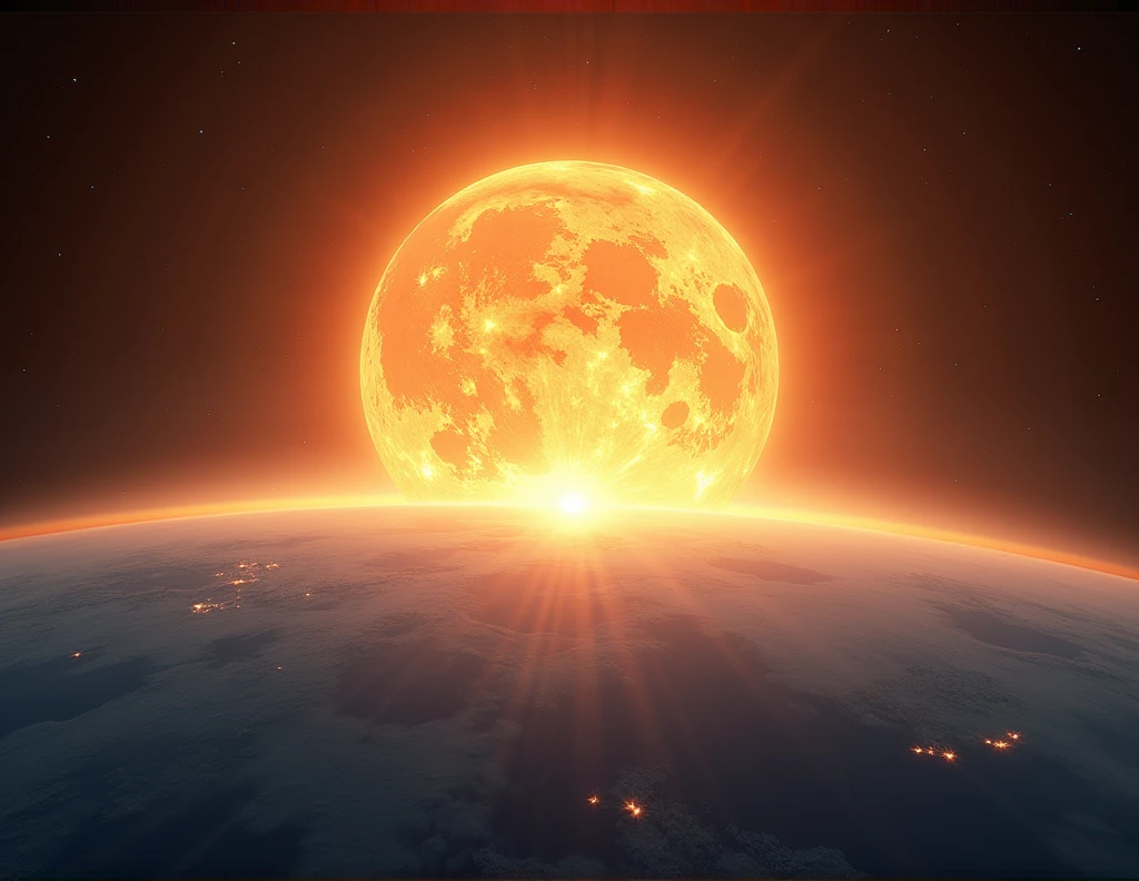 quality\(8k,extremely detailed CG unit wallpaper, masterpiece,alta resunución,top-quality,top-quality real texture skin,hyperrealistic,aumentar la resunución,RAW Photos,la mejor quality,Very detailed,The wallpaper,cinematic lighting,ray trace,golden ratio\), second coming, sun\(beautiful ,gorgeous\) rising from behind the beautiful (Blue Earth:1.4),(long shot:1.5)