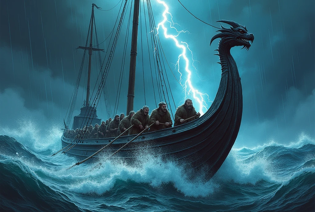 
*Amidst the raging fury of a tempestuous sea, a Viking longship battles towering waves and howling winds. The crew, clad in drenched furs and gripping their oars with white-knuckled hands, fights against the relentless storm, their faces etched with determination. Lightning splits the sky, illuminating the dragon-headed prow that slices through the churning waters. The ship creaks and groans under the strain, yet the Vikings press on, their spirits unyielding as they navigate through the heart of the storm, knowing that survival rests on their unwavering courage and the strength of their bonds.* Style comic noir