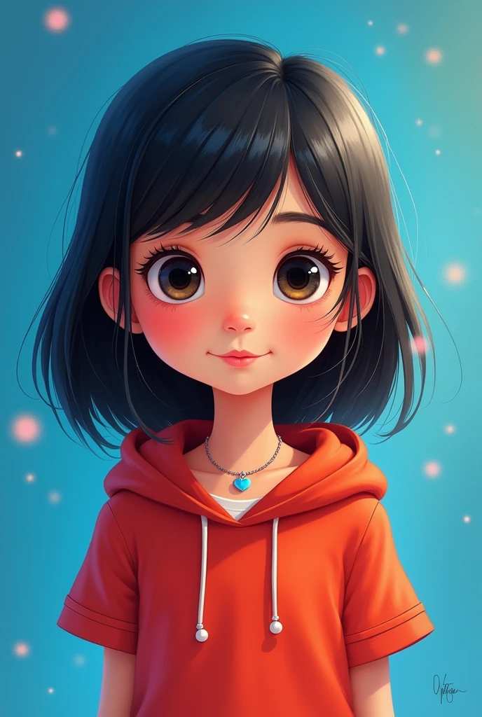 Disney image of a girl with a red t-shirt and hood up , straight hair, large eyes, a necklace with a small blue heart , bright blue heart background