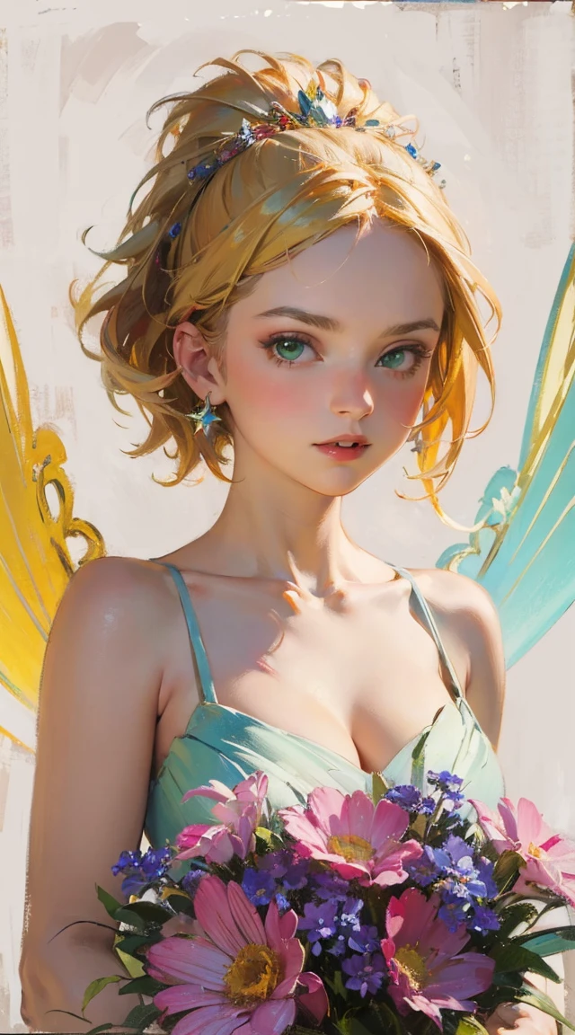 (masterpiece : 1.4), best quality. 

Create a stunning oil painting in the style of Bill Sienkiewicz, depicting Ogun, tinker bell (disney), blonde hair, green eyes, tinker bell (disney), tinker bell (disney) (cosplay), tinker bell (character), fairy wings, starrystarscloudcolorful, Soft colours. Flower girl. Colourful floral background
 AddXL