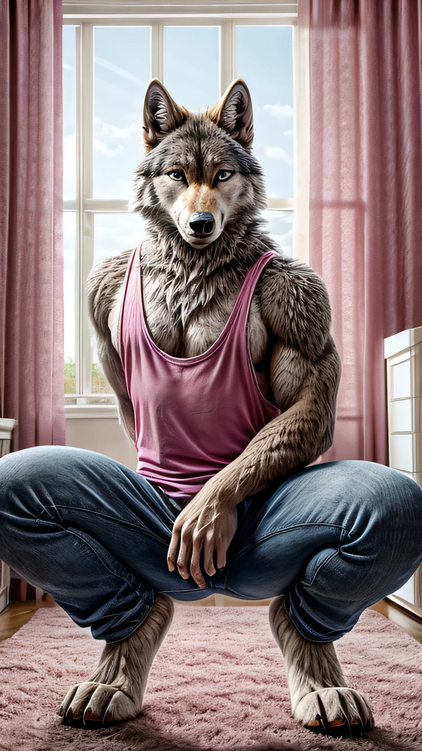 male wolf, squatting posture, furry blue eyes, half naked, jeans, sky blue tank top in a pink room, Windows, White curtains, legs open