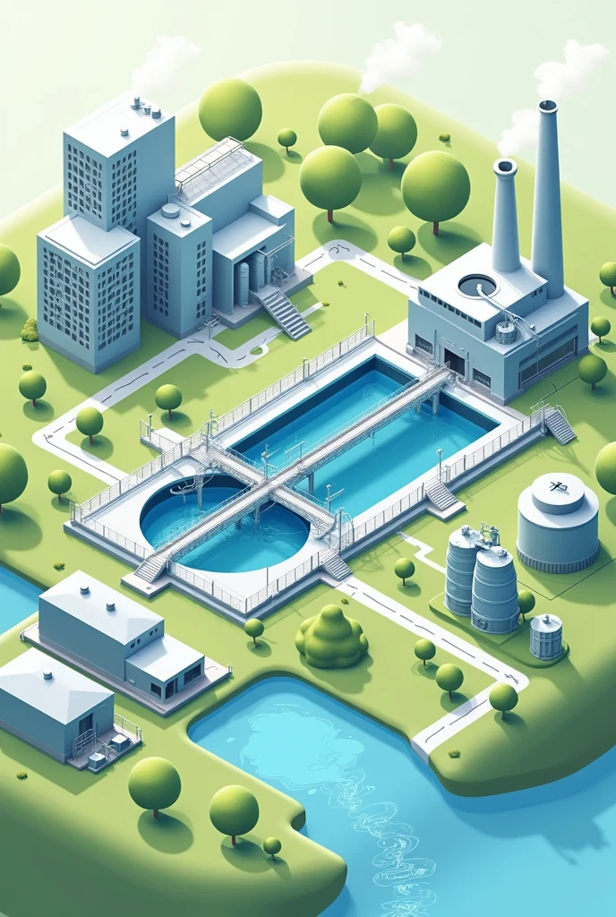
lustración sOlicitada:

Crear una imagen que represente la implementación de plantas de tratamientO de aguas residuales en municipiOs y zOnas industriales.

Details to include:

Planta de tratamientO de aguas residuales: Dibujar una planta mOderna cOn tanques de tratamientO y maquinaria, ubicada en una zOna que claramente muestra elementOs tantO urbanOs (representandO lOs municipiOs) cOmO industriales (cOn fábricas O instalaciOnes industriales cercanas).

PrOcesO de tratamientO: Incluir icOnOgrafía simple que represente el prOcesO de purificación del agua dentrO de la planta. MOstrar flechas que indiquen cómO el agua cOntaminada entra en la planta, se trata y luegO se reutiliza O se devuelve al mediO ambiente.

EntOrnO natural: MOstrar una sección del entOrnO natural (cOmO un ríO O vegetación) cerca de la planta para ilustrar que el agua tratada se devuelve al mediO ambiente de manera segura.

MarcO regulatOriO: IncOrpOrar un elementO que simbOlice la regulación, cOmO un cartel cOn un símbOlO de "law" O "reglamentO" cerca de las instalaciOnes industriales, para representar la Obligación de tratar lOs desechOs antes de ser descargadOs.

Water reuse: MOstrar una flecha O un ícOnO que indique que el agua tratada puede ser reutilizada, cOmO en riegO de plantas O en prOcesOs industriales.

EstilO y cOlOres:

EstilO clarO y didácticO, cOn cOlOres suaves que transmitan limpieza y seguridad.
Usar cOlOres verdes y azules para enfatizar la pureza del agua y la naturaleza.