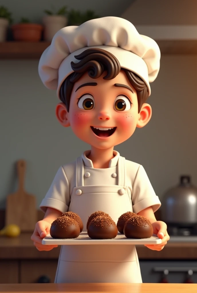 Make a boy holding a tray of brigadeiros with an apron and a 3d pastry chef cap