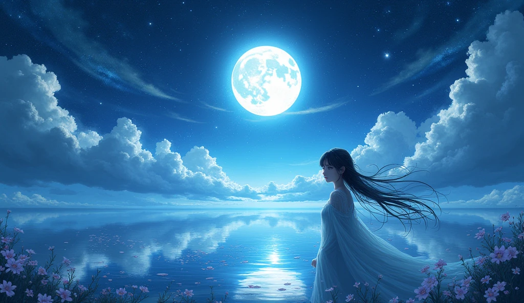 Highly concentrated beauty,Through the sky, Starry Moon Painting, concept art inspired by Tosa Mitsuoki, Pixiv competition winner, Best quality, Fantasy art, beautiful anime scenes, A bright moon, Starry sky environment in moonlight, Dream painting, Anime background art, dream scenery art, Fantastic night, anime backgrounds, background artwork, dreamlike art, Atmospheric anime, Starry sky, Detail enhancement.