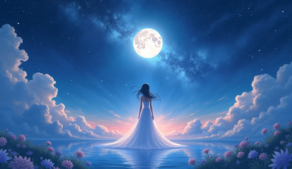 Highly concentrated beauty,Through the sky, Starry Moon Painting, concept art inspired by Tosa Mitsuoki, Pixiv competition winner, Best quality, Fantasy art, beautiful anime scenes, A bright moon, Starry sky environment in moonlight, Dream painting, Anime background art, dream scenery art, Fantastic night, anime backgrounds, background artwork, dreamlike art, Atmospheric anime, Starry sky, Detail enhancement.