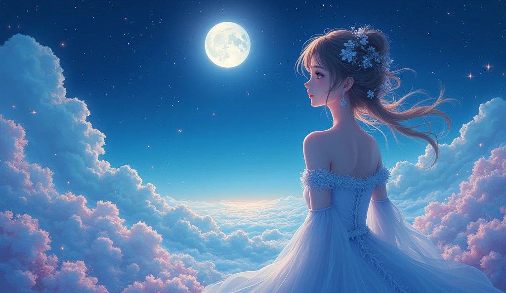 Highly concentrated beauty，Through the sky, Starry Moon Painting, concept art inspired by Tosa Mitsuoki, Pixiv competition winner, Best quality, Fantasy art, beautiful anime scenes, A bright moon, Starry sky environment in moonlight, Dream painting, Anime background art, dream scenery art, Fantastic night, anime backgrounds, background artwork, dreamlike art, Atmospheric anime, Starry sky, Detail enhancement.