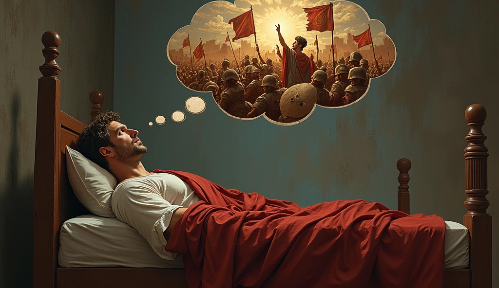 Marcus Aurelius lying on a single bed, looking at the ceiling, with a thought bubble showing annoying people or challenges (like Roman soldiers shouting, important documents, etc.) while he remains calm.
