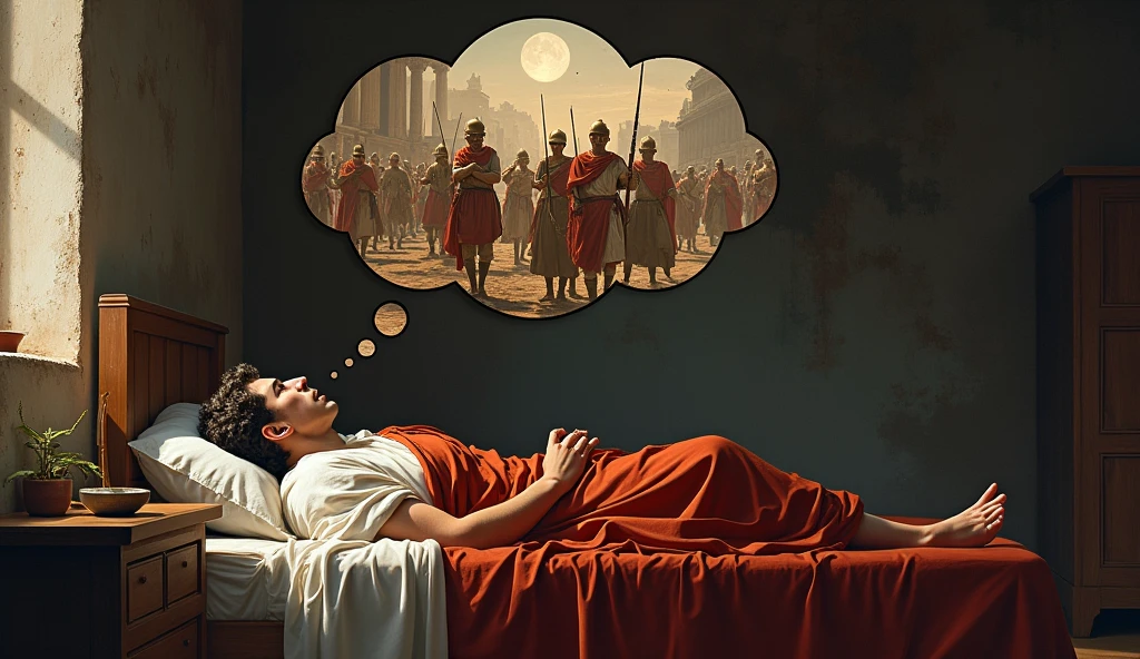 Marcus Aurelius lying on a single bed, looking at the ceiling, with a thought bubble showing annoying people or challenges (like Roman soldiers shouting, important documents, etc.) while he remains calm.