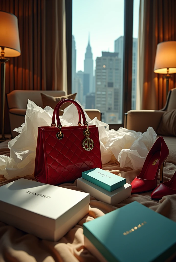 Cinematic movie still of what a penthouse suite in Beverly Hills looks like after a huge Rodeo Drive shopping trip, shopping bags, tissue paper, clothing boxes all strewn about, cluttered, Burberry, Sephora, agent Provocateur, red Lady Dior handbag, small blue Tiffany's box, Tom Ford, Jimmy Choo  shoe box